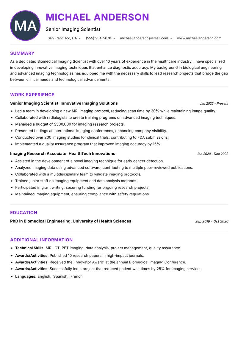 Biomedical Imaging Scientist Resume Preview Example