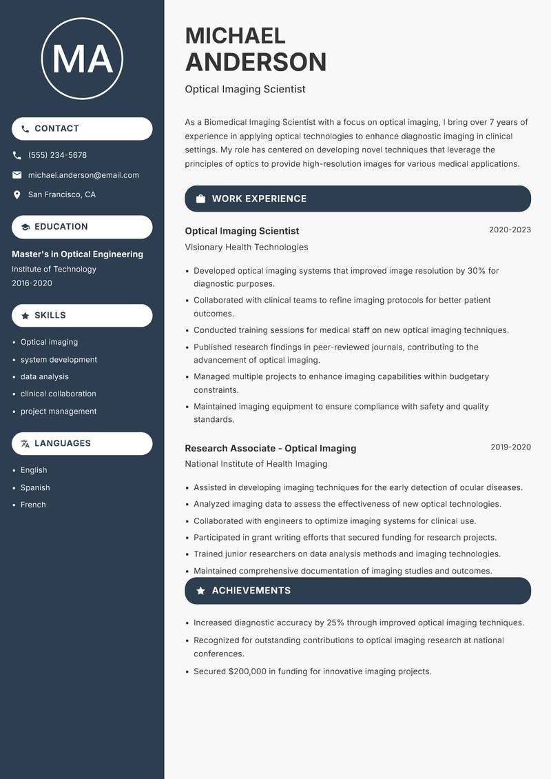 Biomedical Imaging Scientist Resume Preview Example