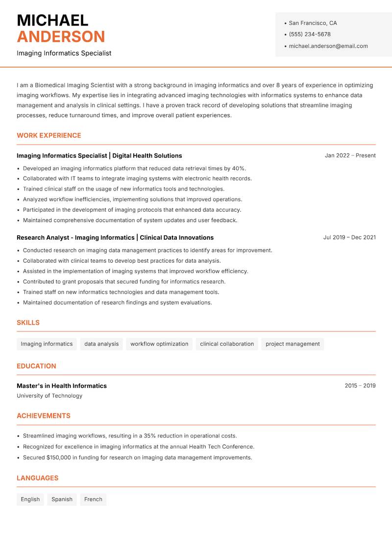 Biomedical Imaging Scientist Resume Template
