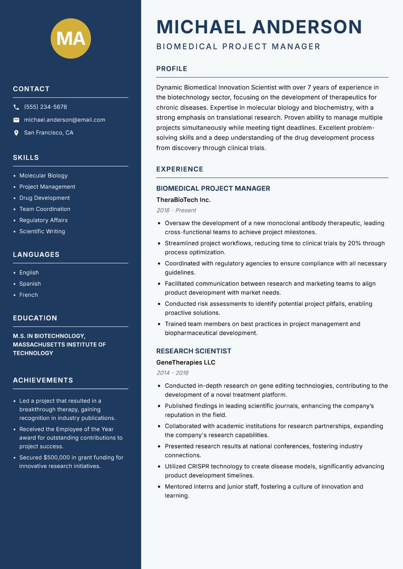 Biomedical Innovation Scientist Resume Preview Example