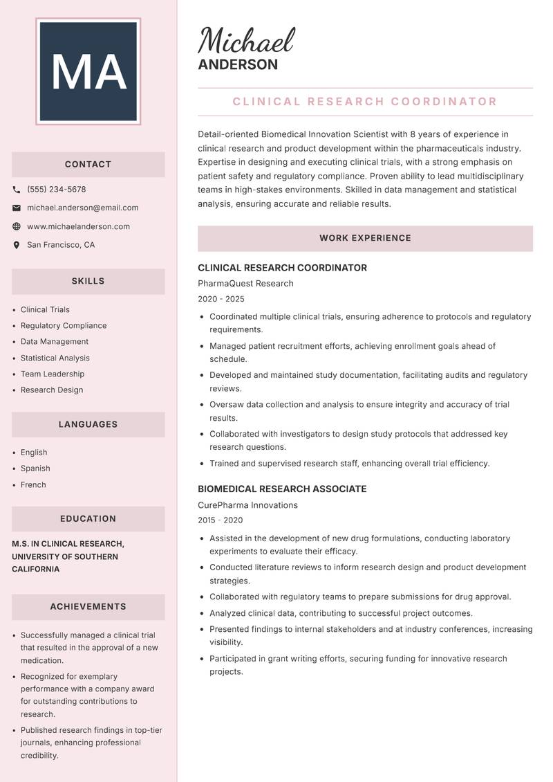 Biomedical Innovation Scientist Resume Preview Example