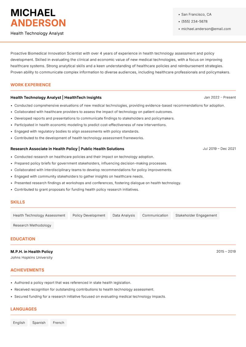 Biomedical Innovation Scientist Resume Template