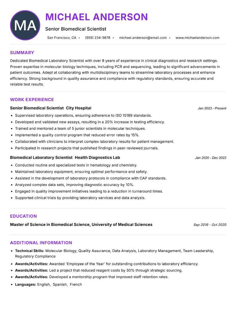 Biomedical Laboratory Scientist Resume Preview Example