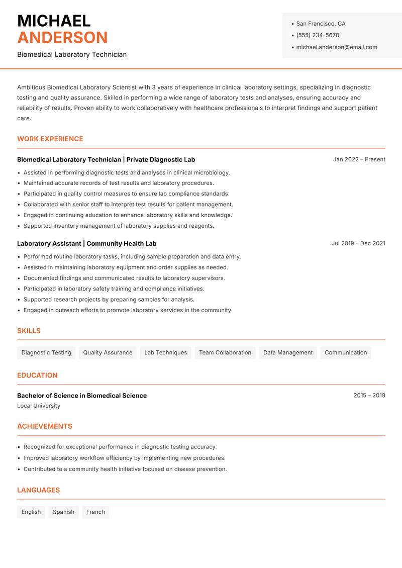 Biomedical Laboratory Scientist Resume Template