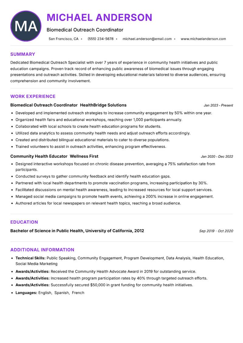 Biomedical Outreach Specialist Resume Preview Example