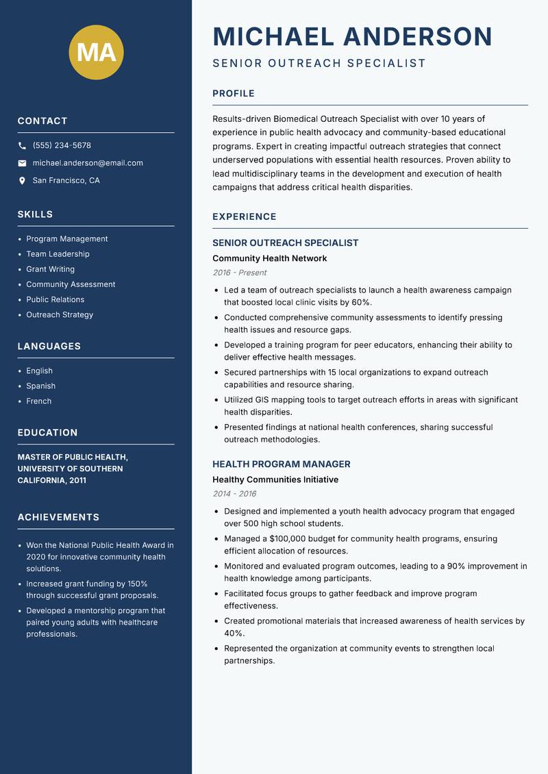 Biomedical Outreach Specialist Resume Preview Example