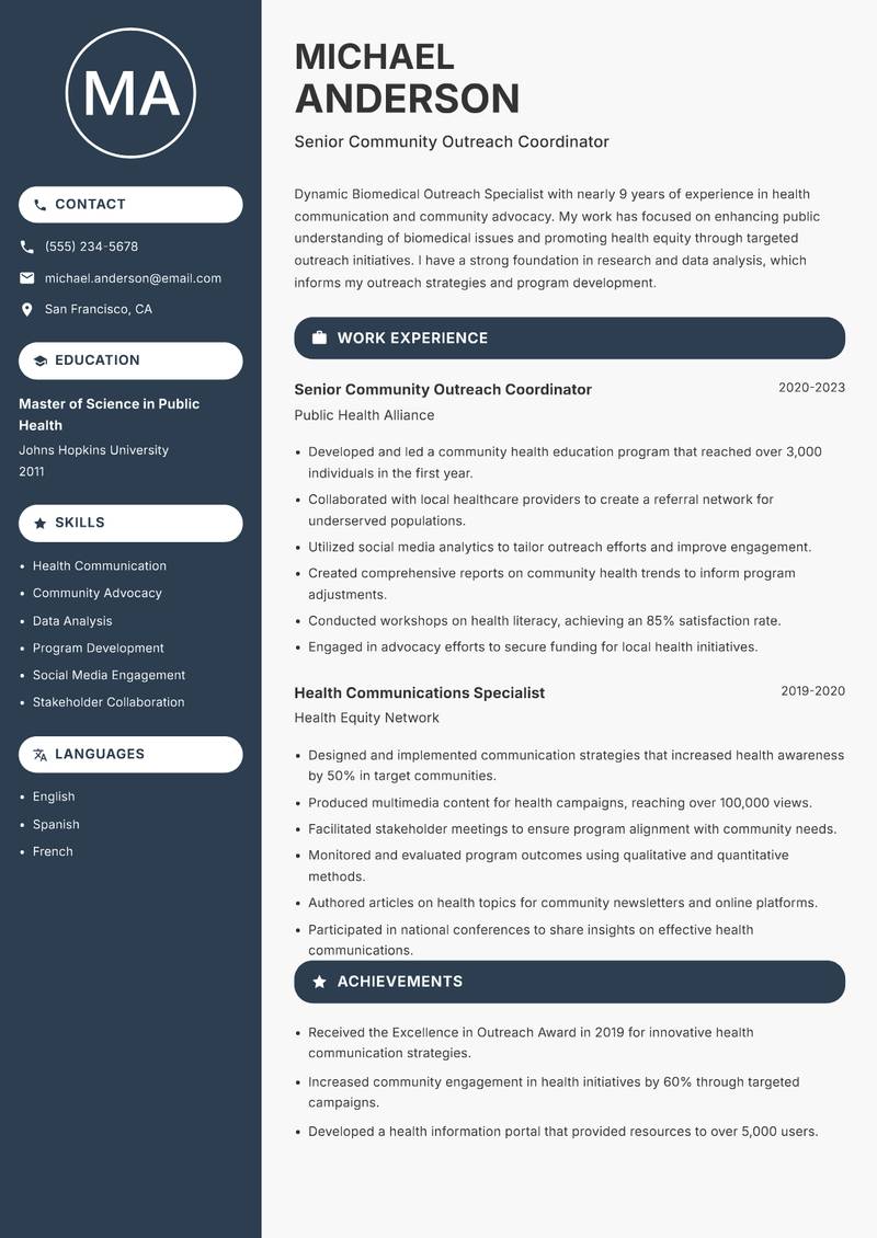 Biomedical Outreach Specialist Resume Preview Example