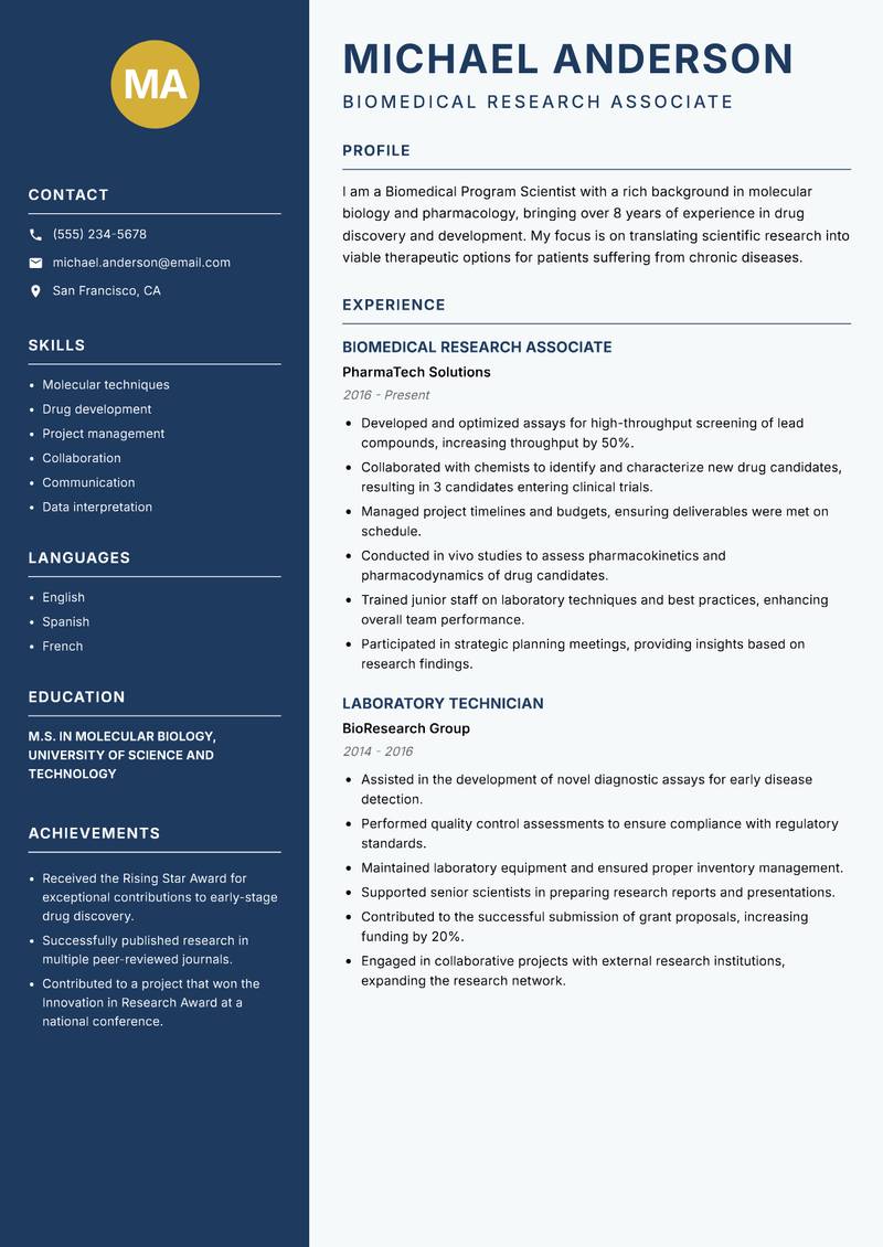 Biomedical Program Scientist Resume Preview Example