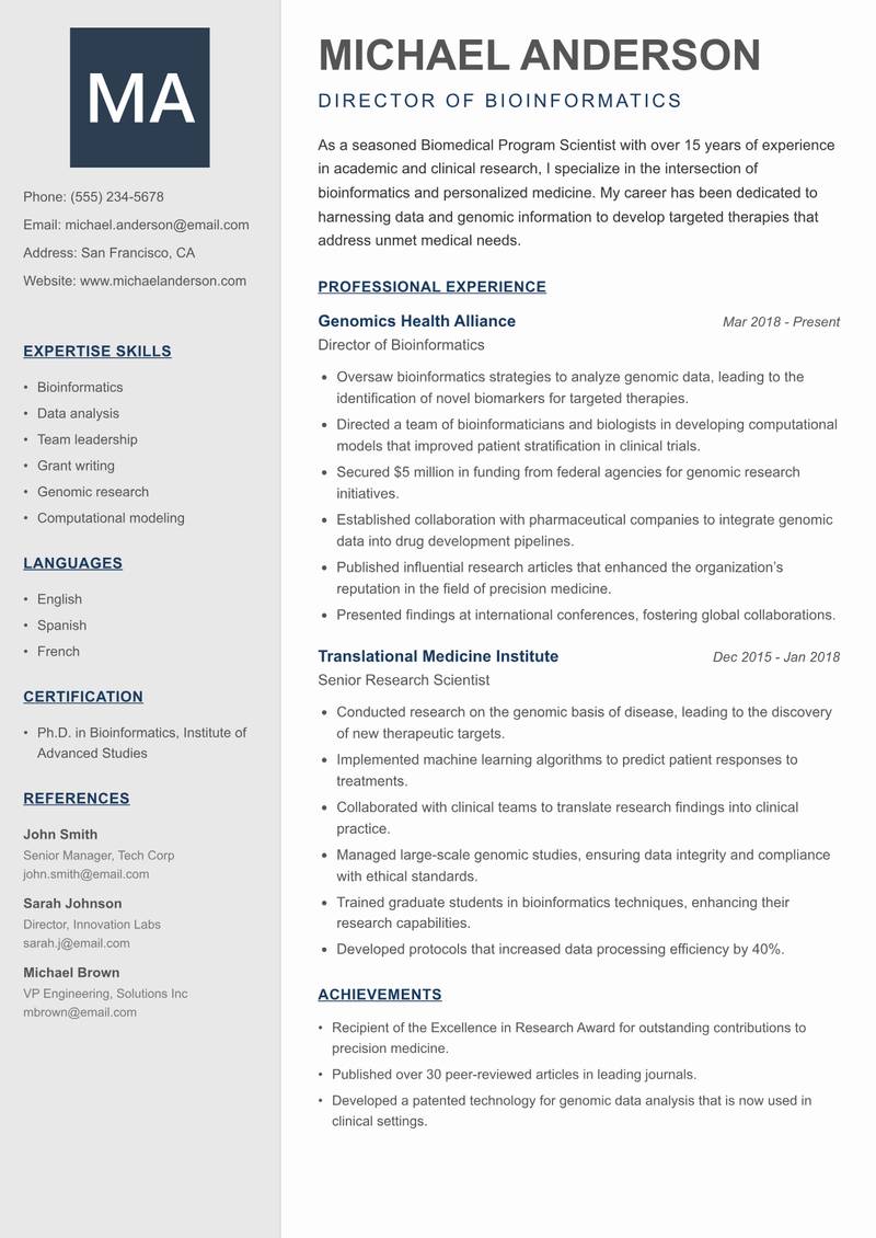 Biomedical Program Scientist Resume Preview Example