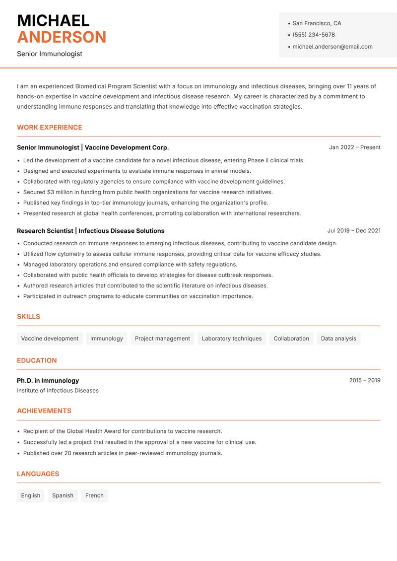 Biomedical Program Scientist Resume Template