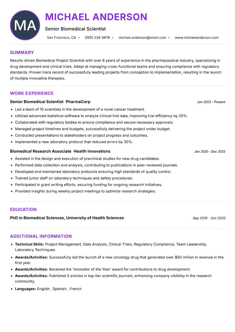 Biomedical Project Scientist Resume Preview Example