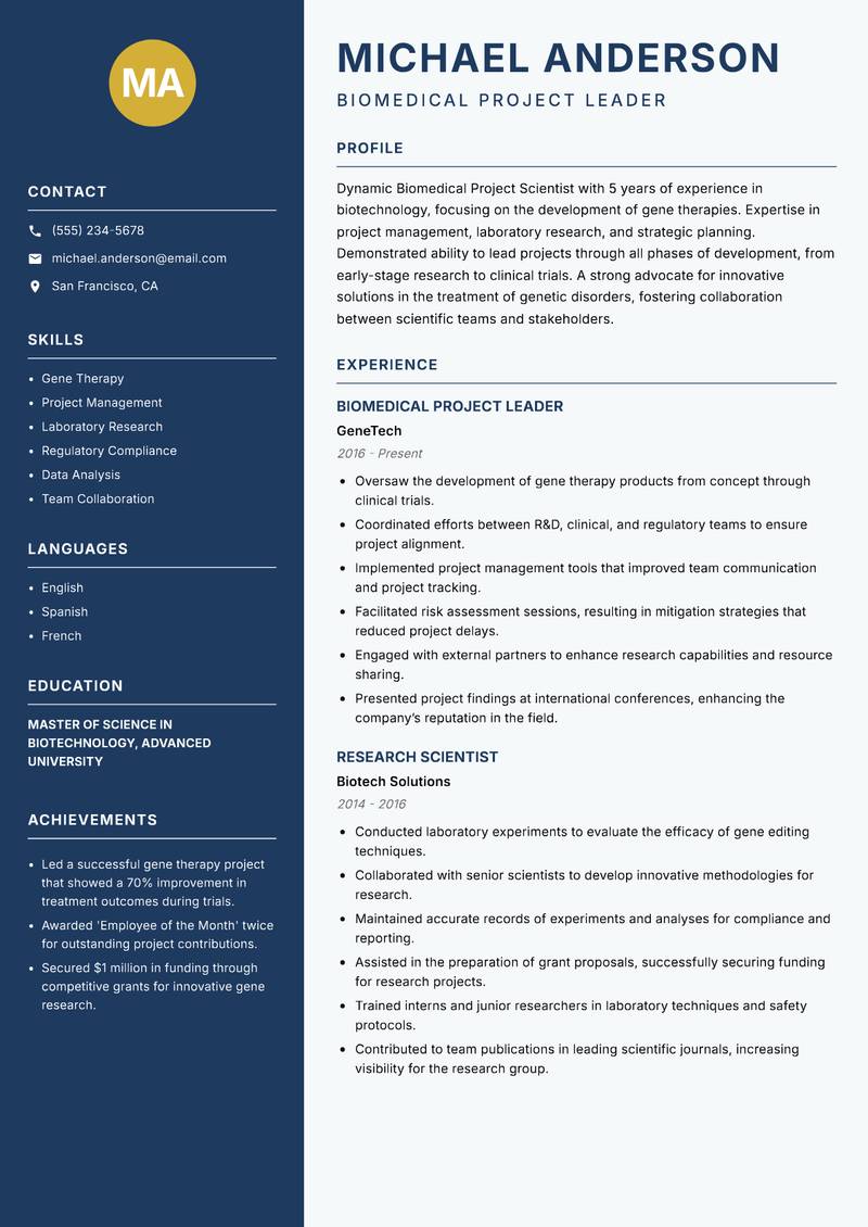 Biomedical Project Scientist Resume Preview Example