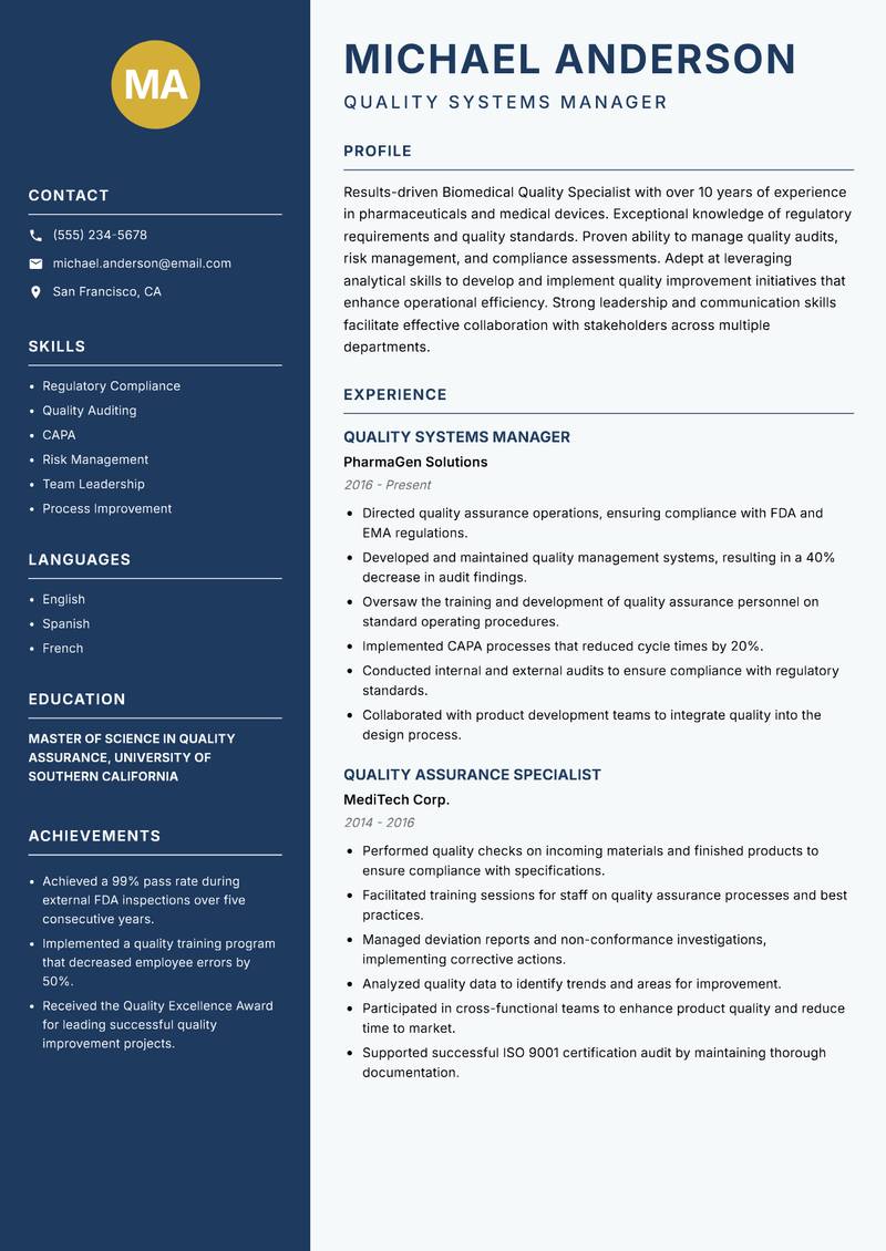 Biomedical Quality Specialist Resume Preview Example