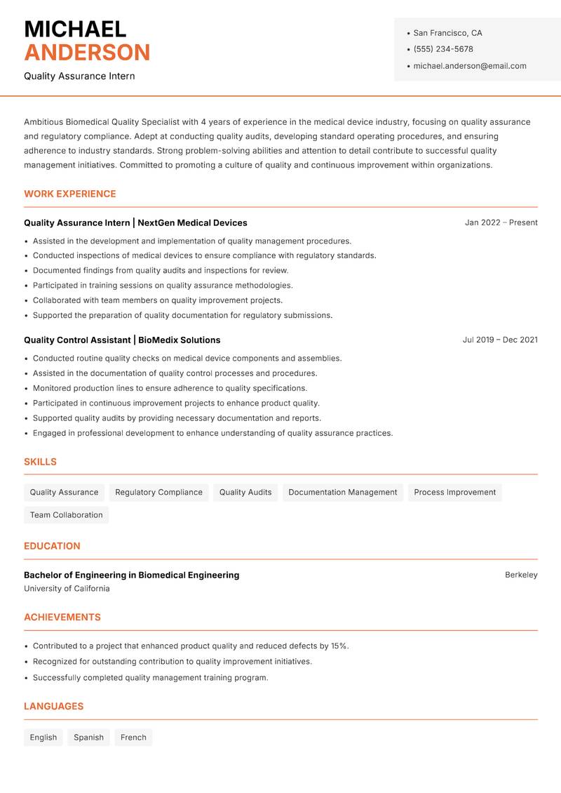 Biomedical Quality Specialist Resume Template