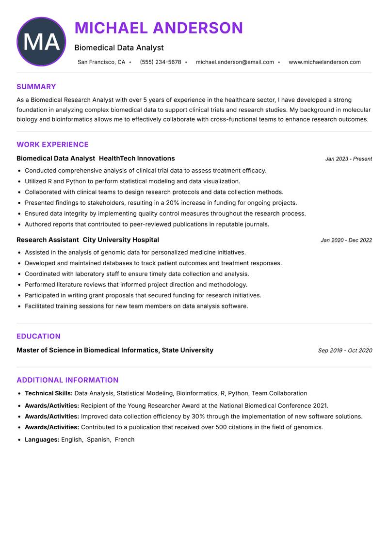 Biomedical Research Analyst Resume Preview Example