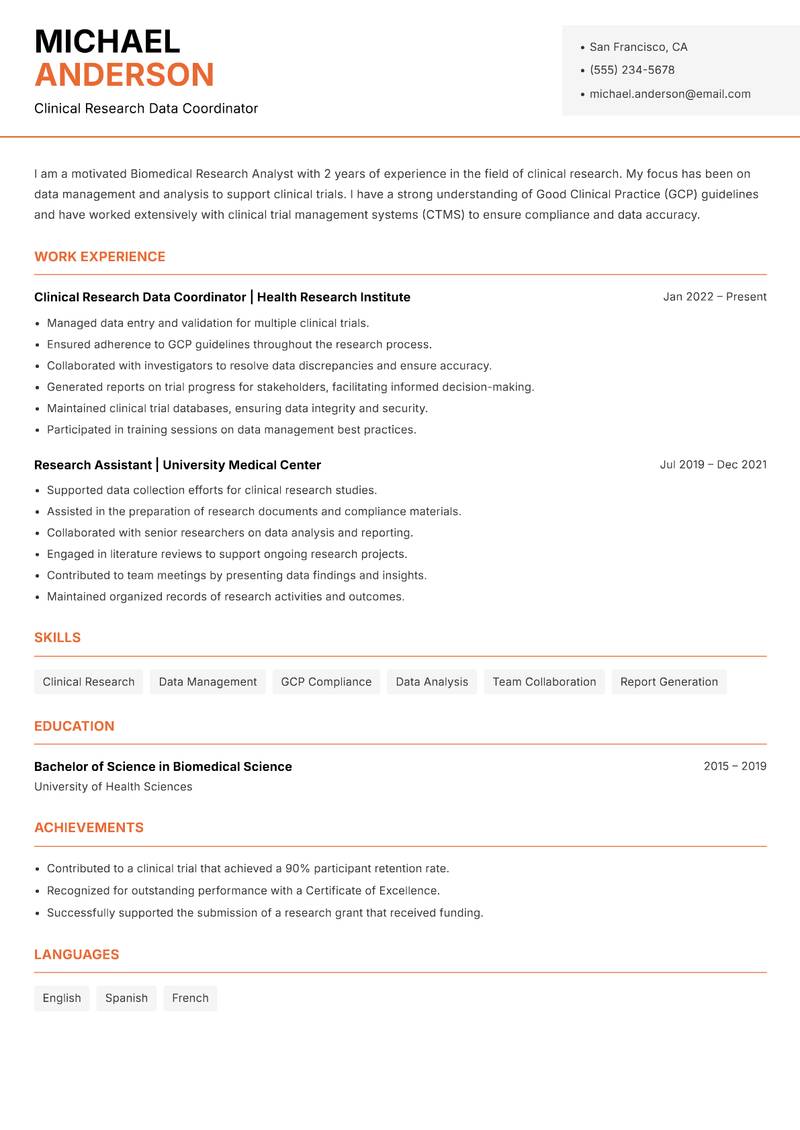 Biomedical Research Analyst Resume Template