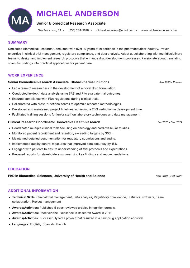 Biomedical Research Consultant Resume Preview Example