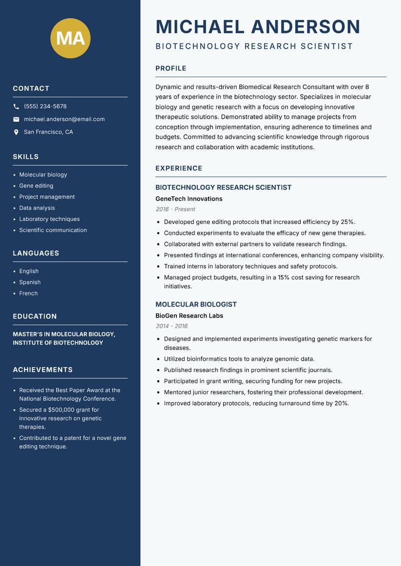 Biomedical Research Consultant Resume Preview Example