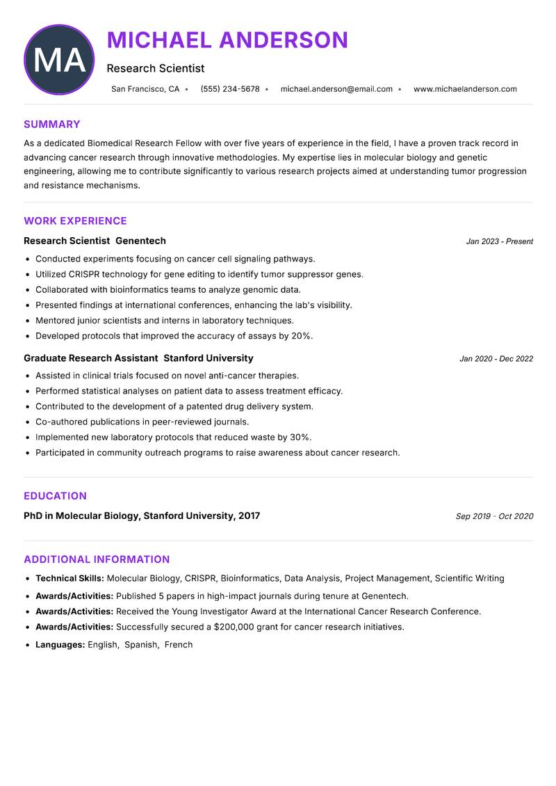 Biomedical Research Fellow Resume Preview Example
