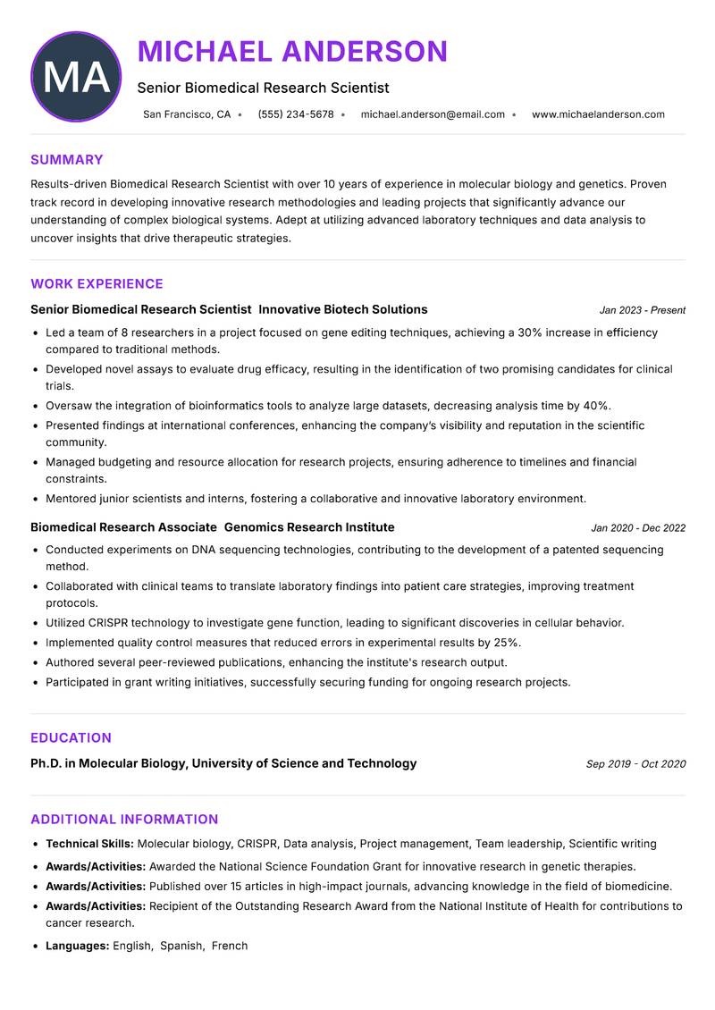 Biomedical Research Scientist Resume Preview Example