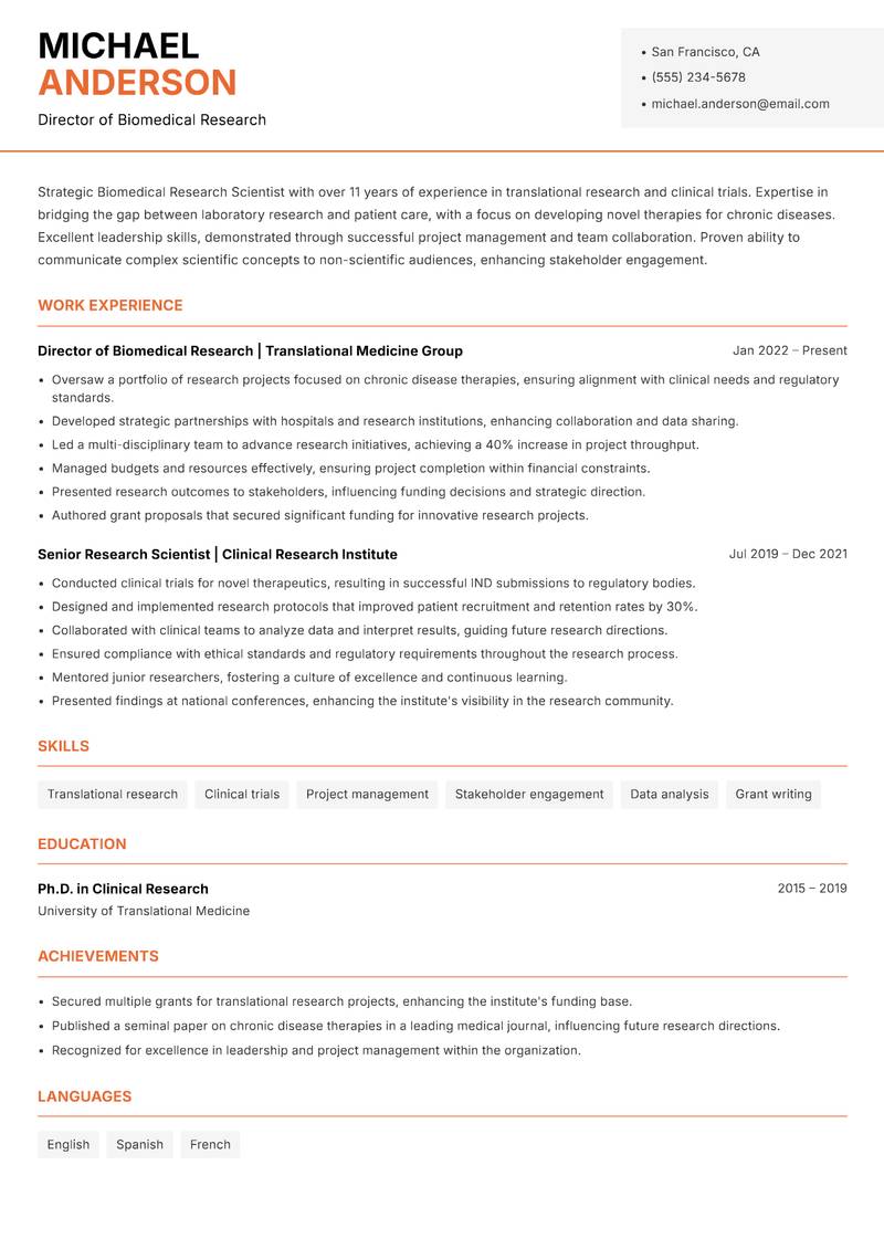 Biomedical Research Scientist Resume Template