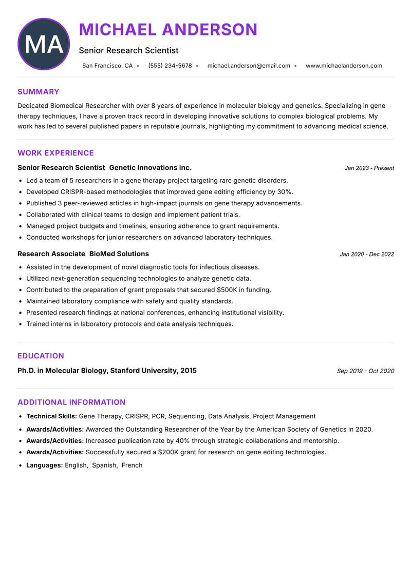 Biomedical Researcher Resume Preview Example