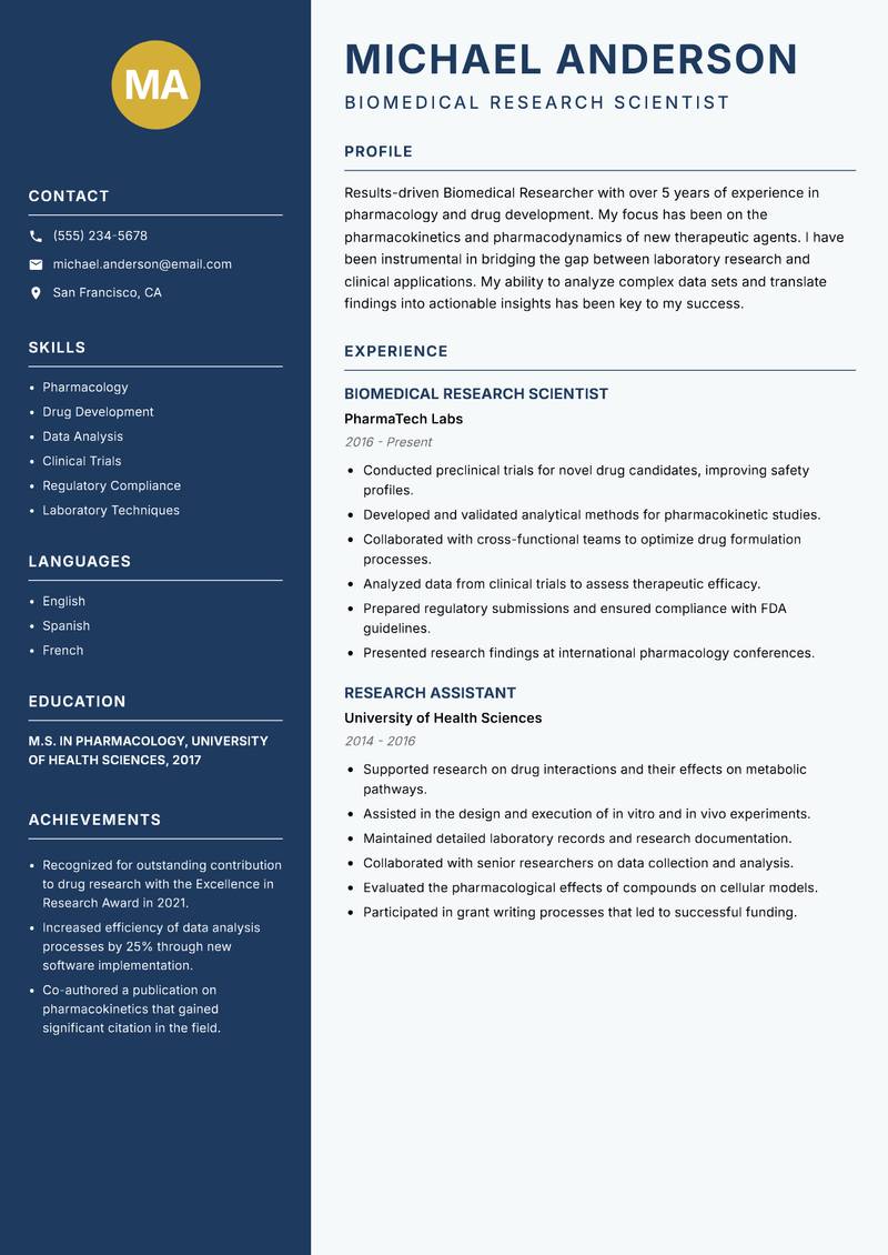 Biomedical Researcher Resume Preview Example