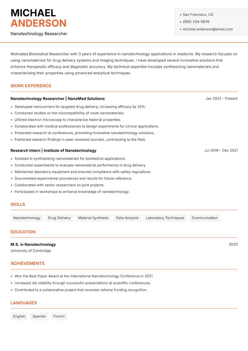 Biomedical Researcher Resume Template