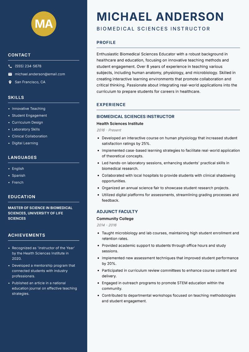 Biomedical Sciences Educator Resume Preview Example