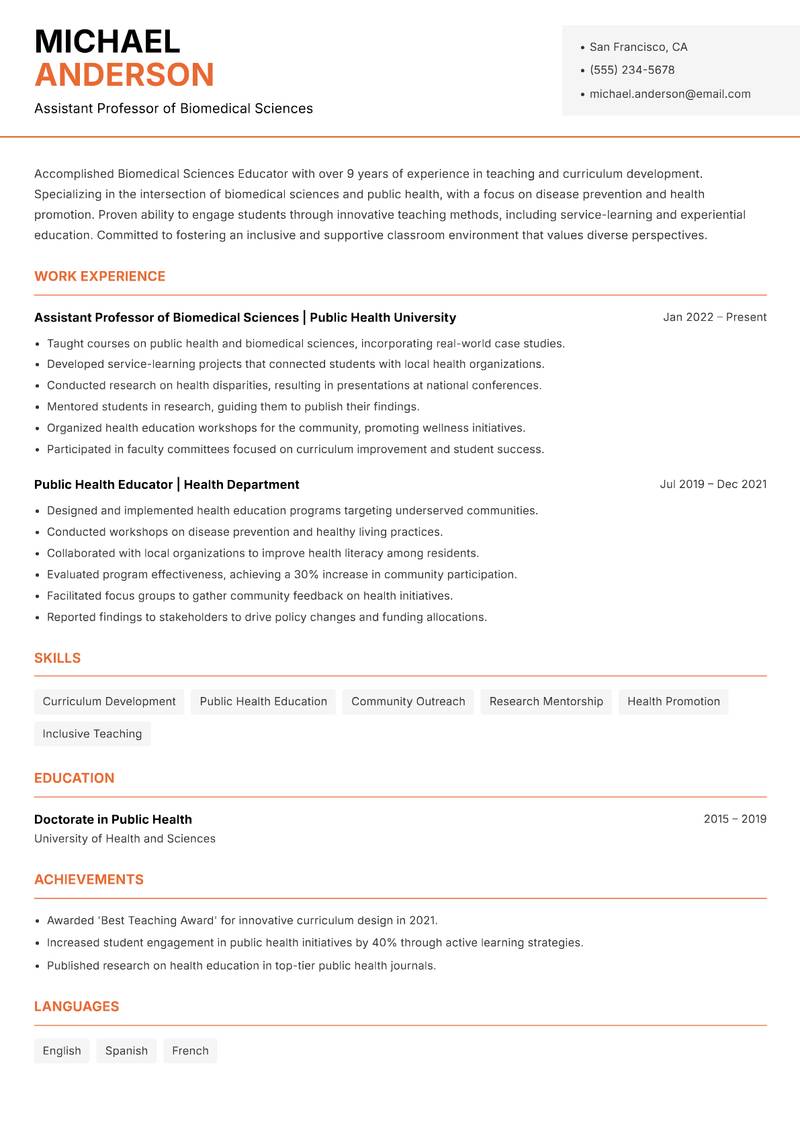 Biomedical Sciences Educator Resume Template
