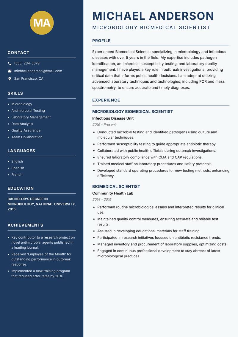 Biomedical Scientist Resume Preview Example