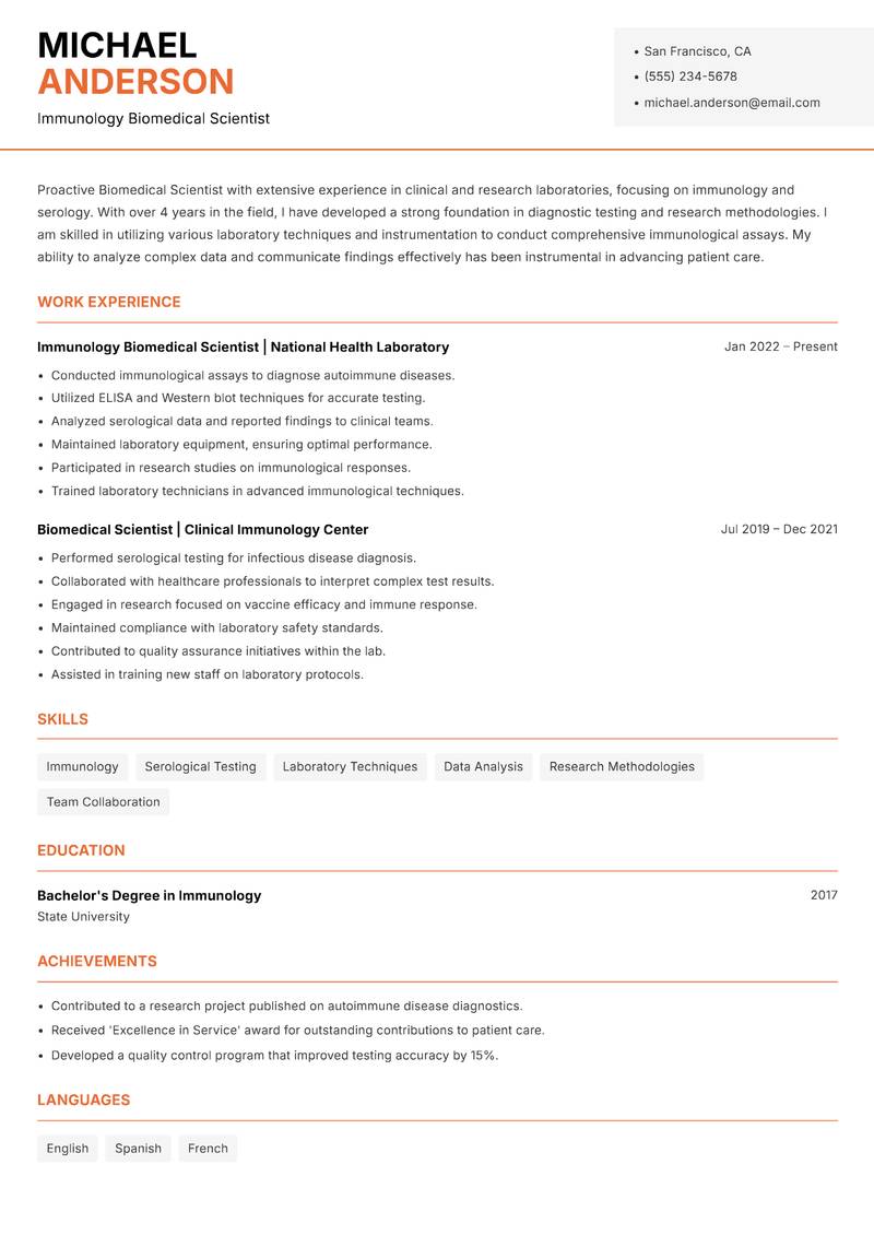 Biomedical Scientist Resume Template