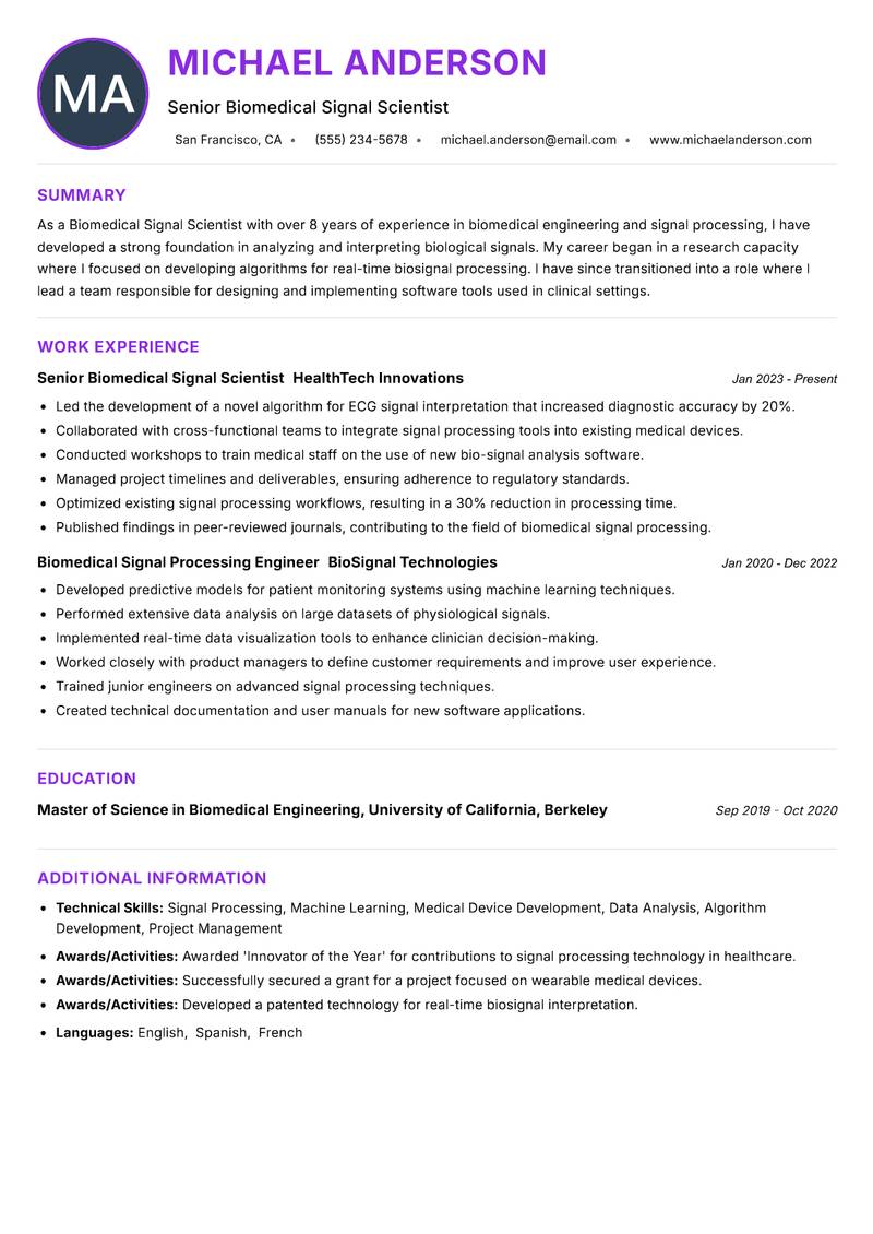 Biomedical Signal Scientist Resume Preview Example