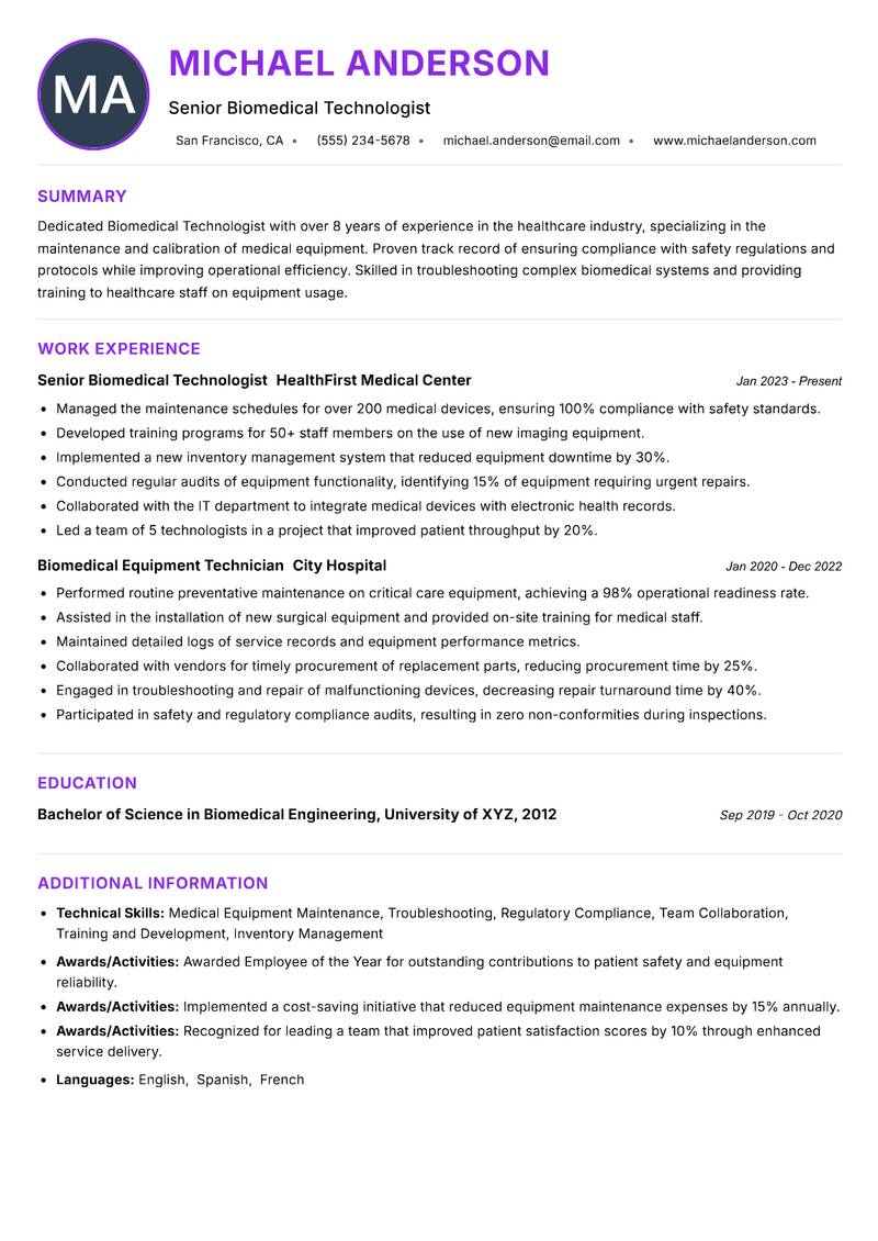Biomedical Technologist Resume Preview Example