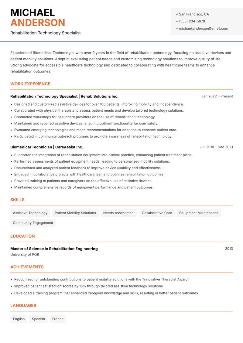 Biomedical Technologist Resume Template