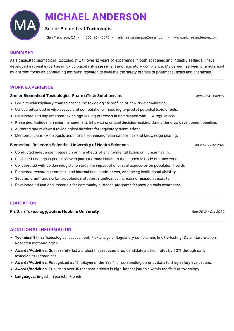 Biomedical Toxicologist Resume Preview Example