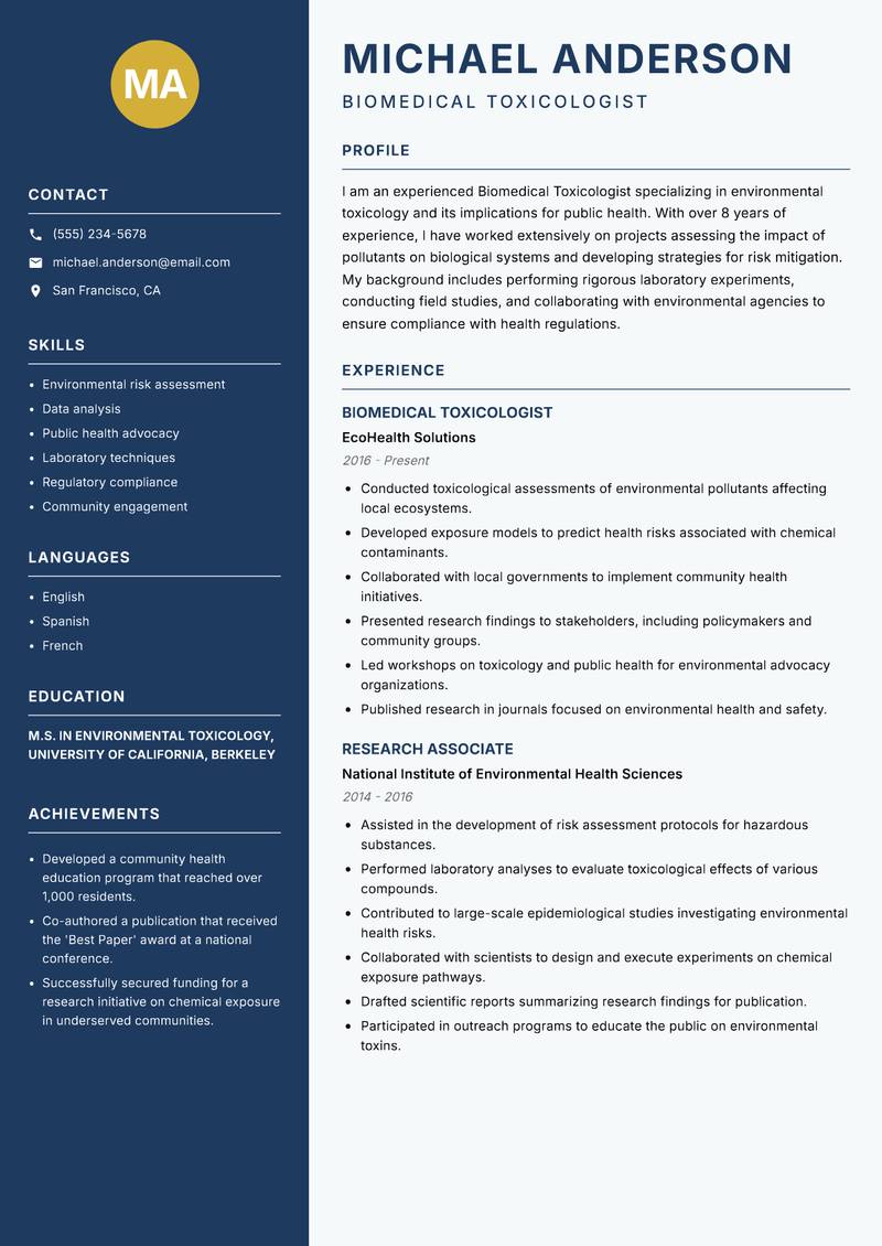 Biomedical Toxicologist Resume Preview Example