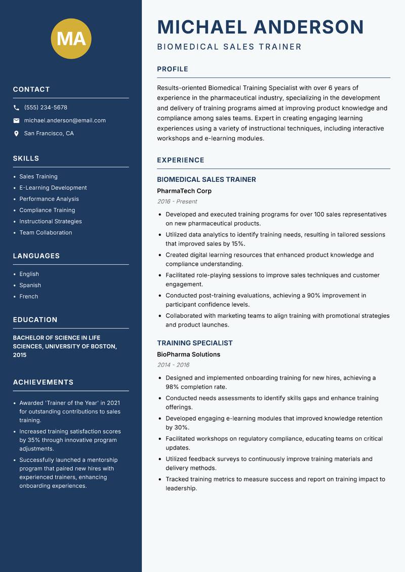 Biomedical Training Specialist Resume Preview Example