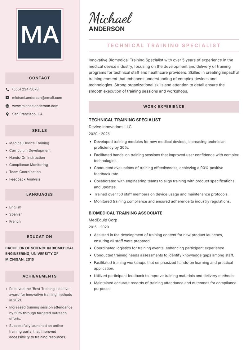 Biomedical Training Specialist Resume Preview Example