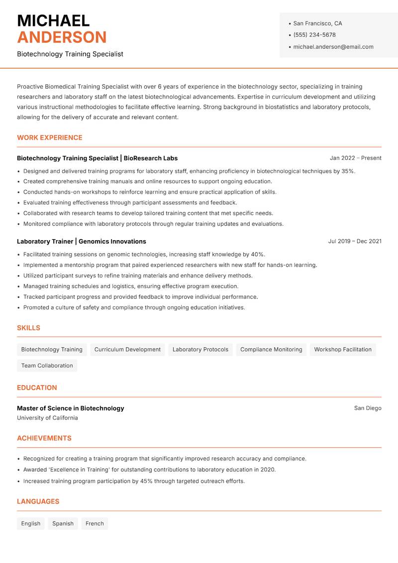 Biomedical Training Specialist Resume Template