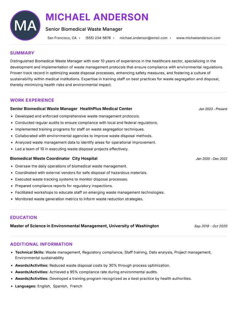 Biomedical Waste Manager Resume Preview Example