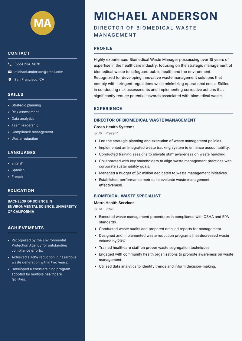 Biomedical Waste Manager Resume Preview Example