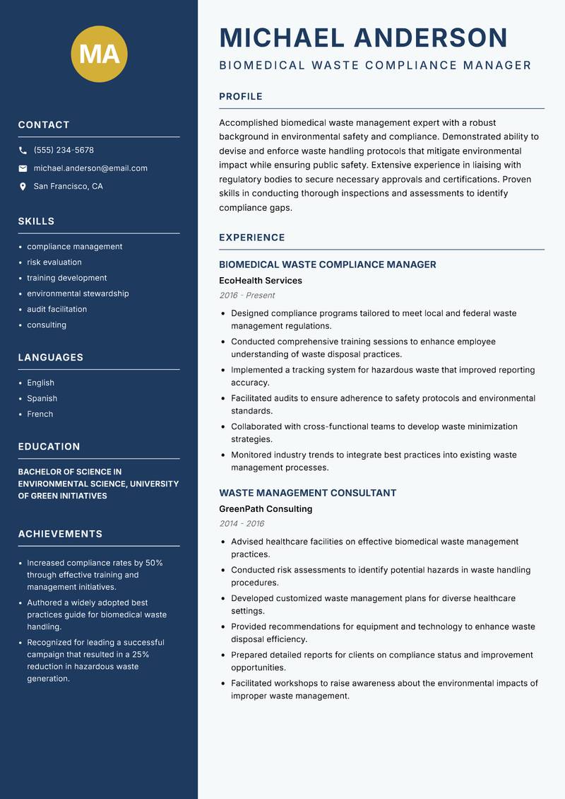 Biomedical Waste Officer Resume Preview Example