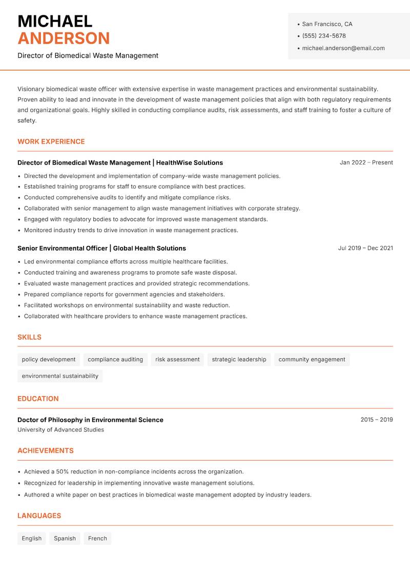 Biomedical Waste Officer Resume Template