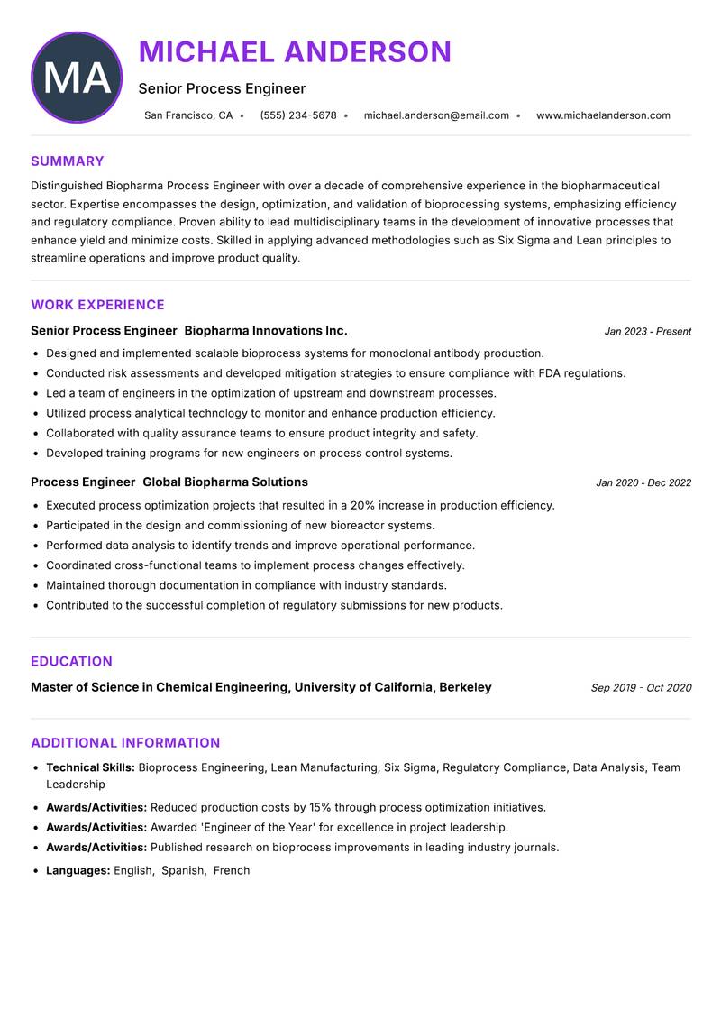 Biopharma Process Engineer Resume Preview Example