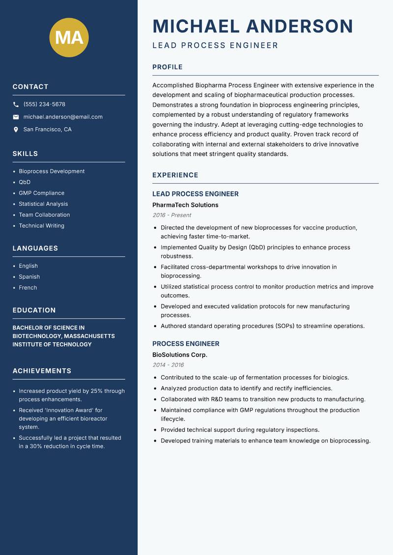 Biopharma Process Engineer Resume Preview Example