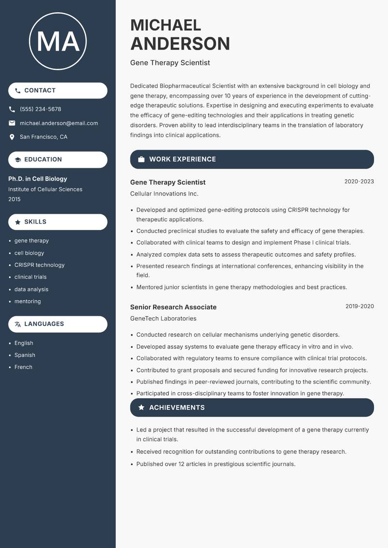 Biopharmaceutical Scientist Resume Preview Example