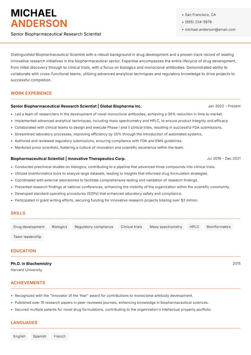 Biopharmaceutical Scientist Resume Template