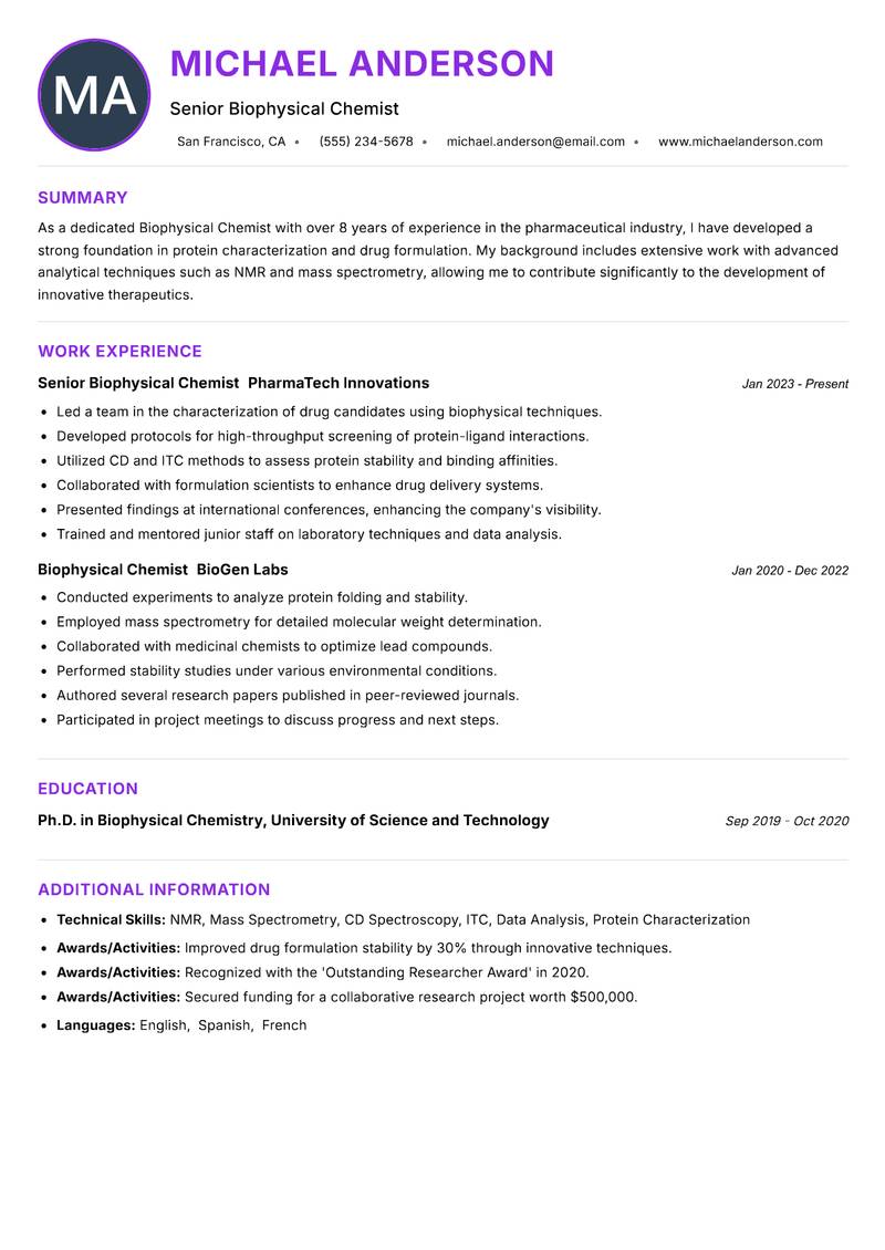 Biophysical Chemist Resume Preview Example