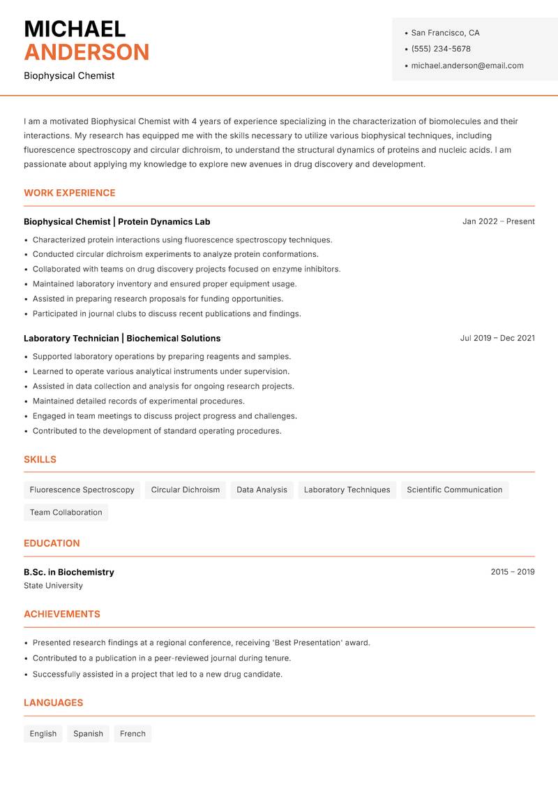 Biophysical Chemist Resume Template